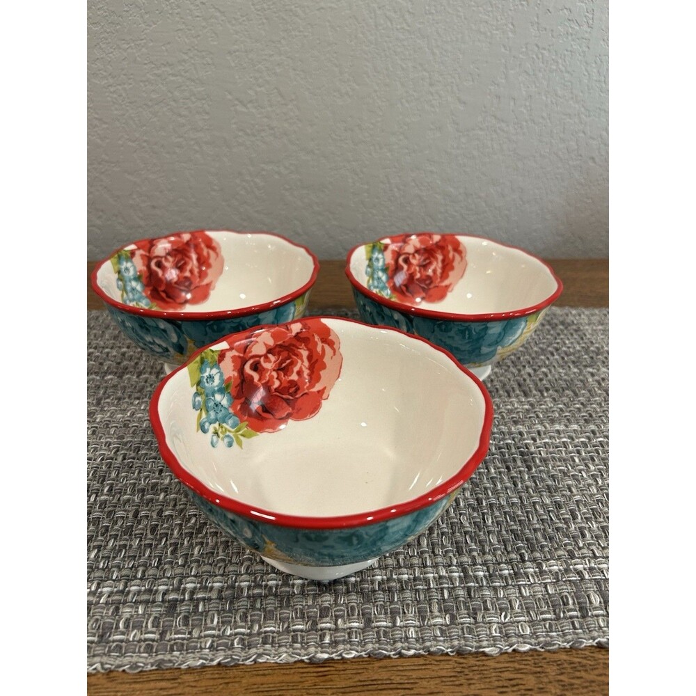 Pioneer Woman Jubilee Blossom Footed Cereal Soup Bowls Set Of 3 Diameter 6.5”